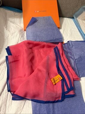 Lola Cheng Sheer Pink silk Scarf with Navy Trim